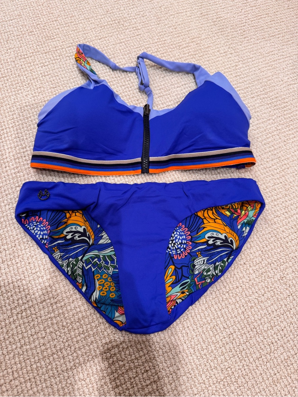 Maaji Royal Blue Zip-Front Reversable Bikini with Multicolor Floral Panels